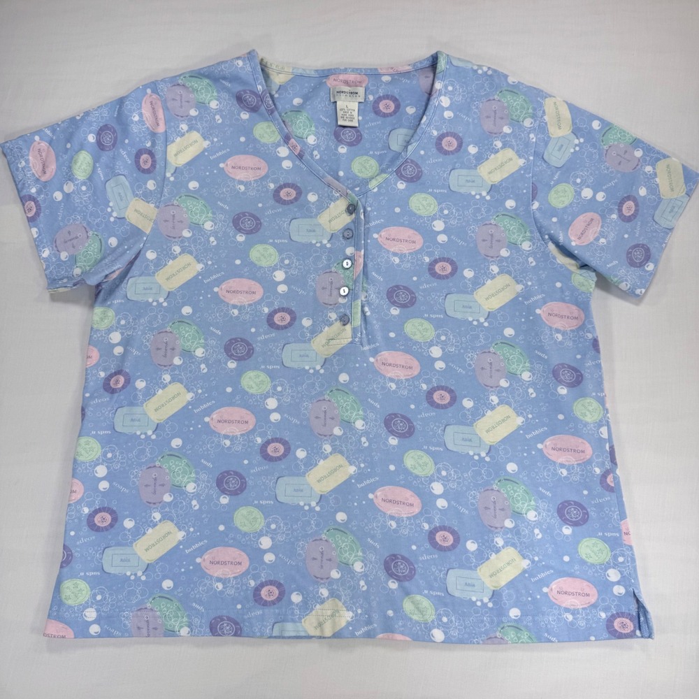 VTG 90s Nordstrom Intimates Cotton Pajama Top L Blue Soap Bubble Lounge N021518
